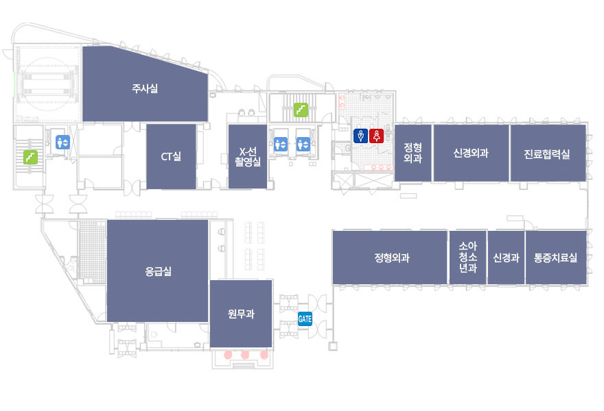 광주희망병원 1층 안내도이미지 - 주사실, CT실, X-선촬영실, 응급실, 원무과, 정형외과,  신경과, 통증치료실, 재활의학과, 신경외과, 소아청소년과 등이 있음