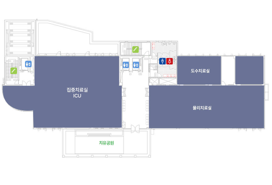 광주희망병원 3층 안내도이미지 - 척추센터, 물리치료실, 치유공원, 재활치료실, 작업치료실, 전기치료실 등이 있음